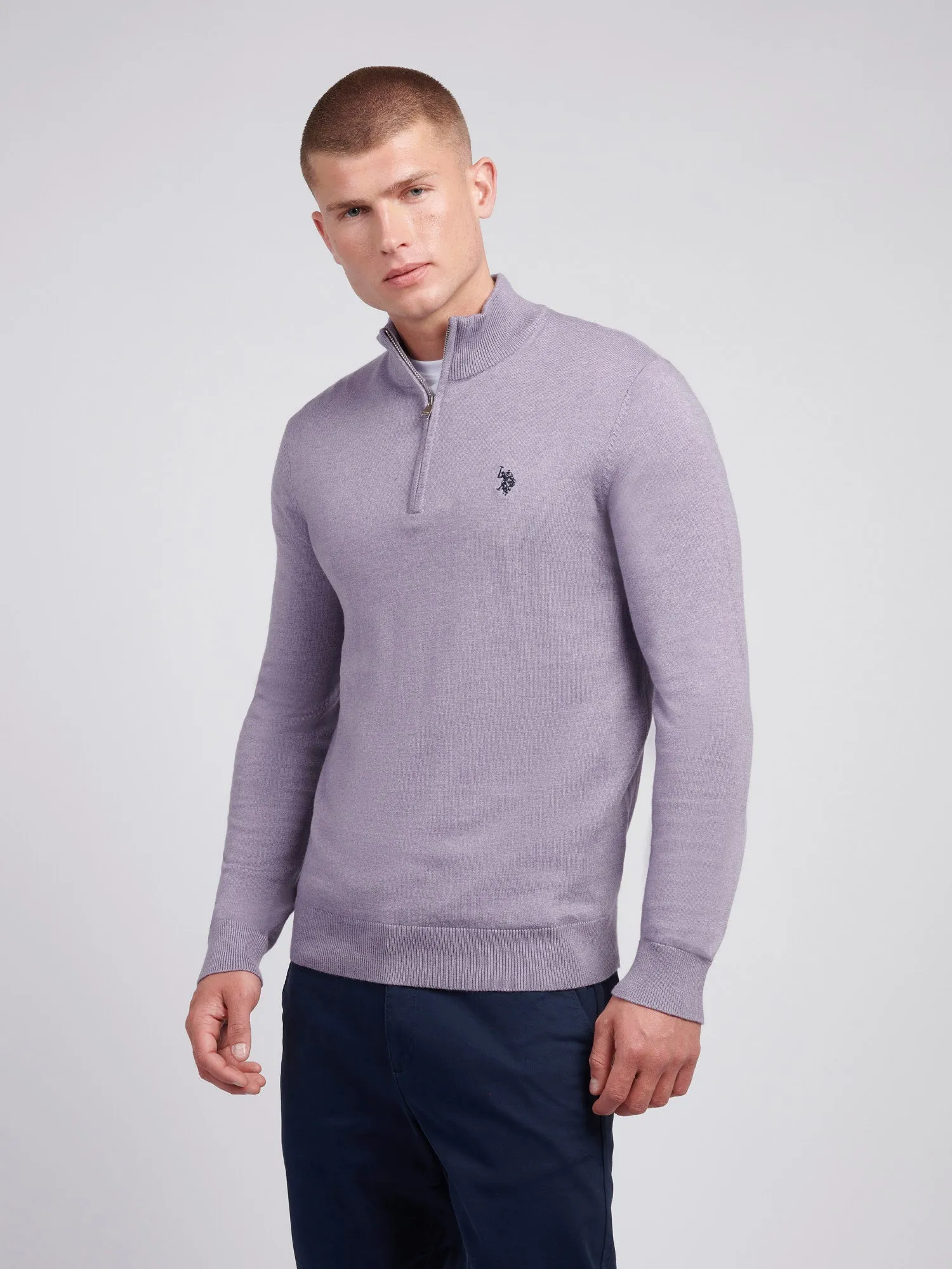 Mens Cotton Funnel Neck 1/4 Zip Knit in Dusk