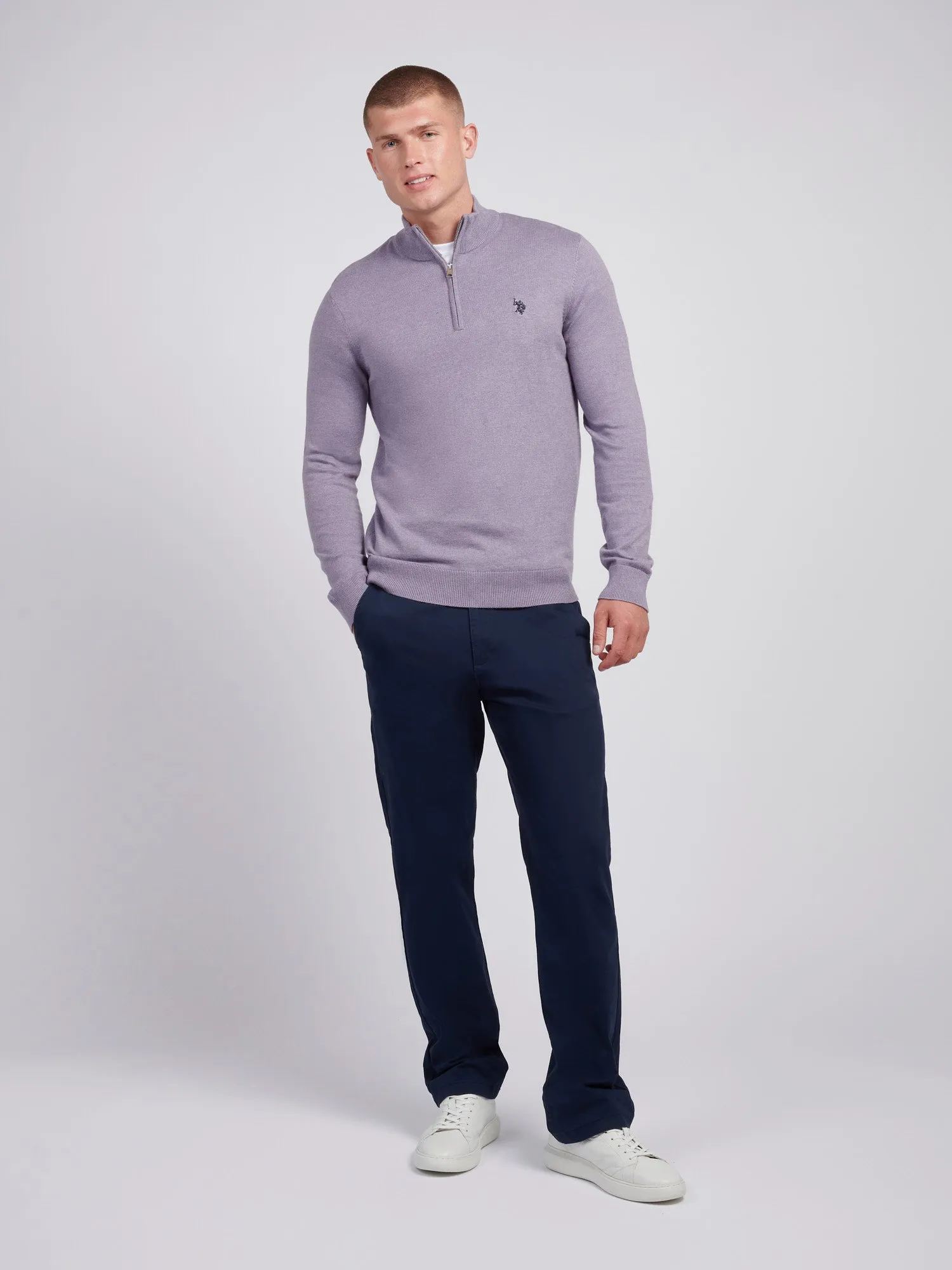 Mens Cotton Funnel Neck 1/4 Zip Knit in Dusk