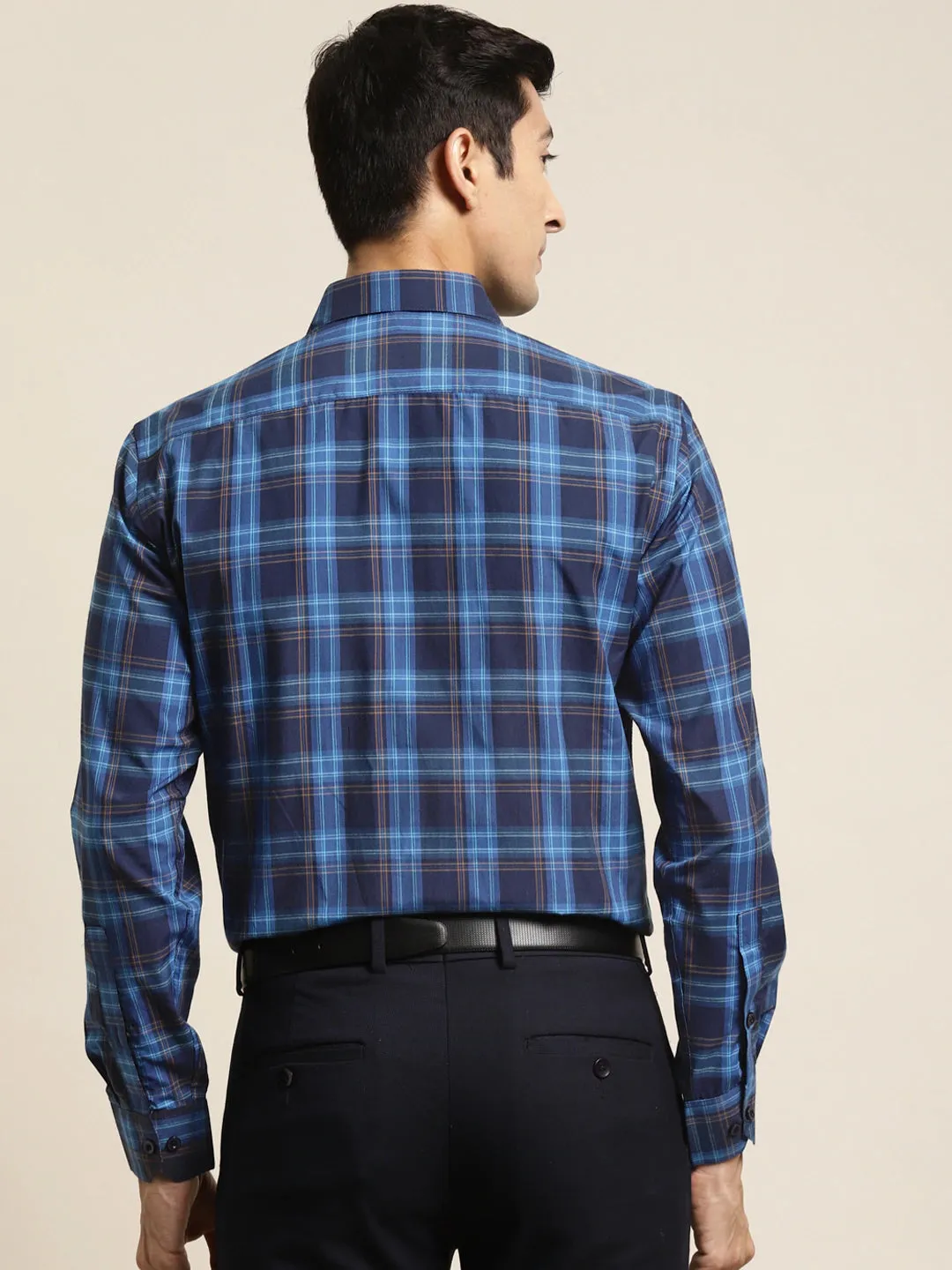 Men's Cotton Navy & Royal Blue Check Formal Shirt - Sojanya