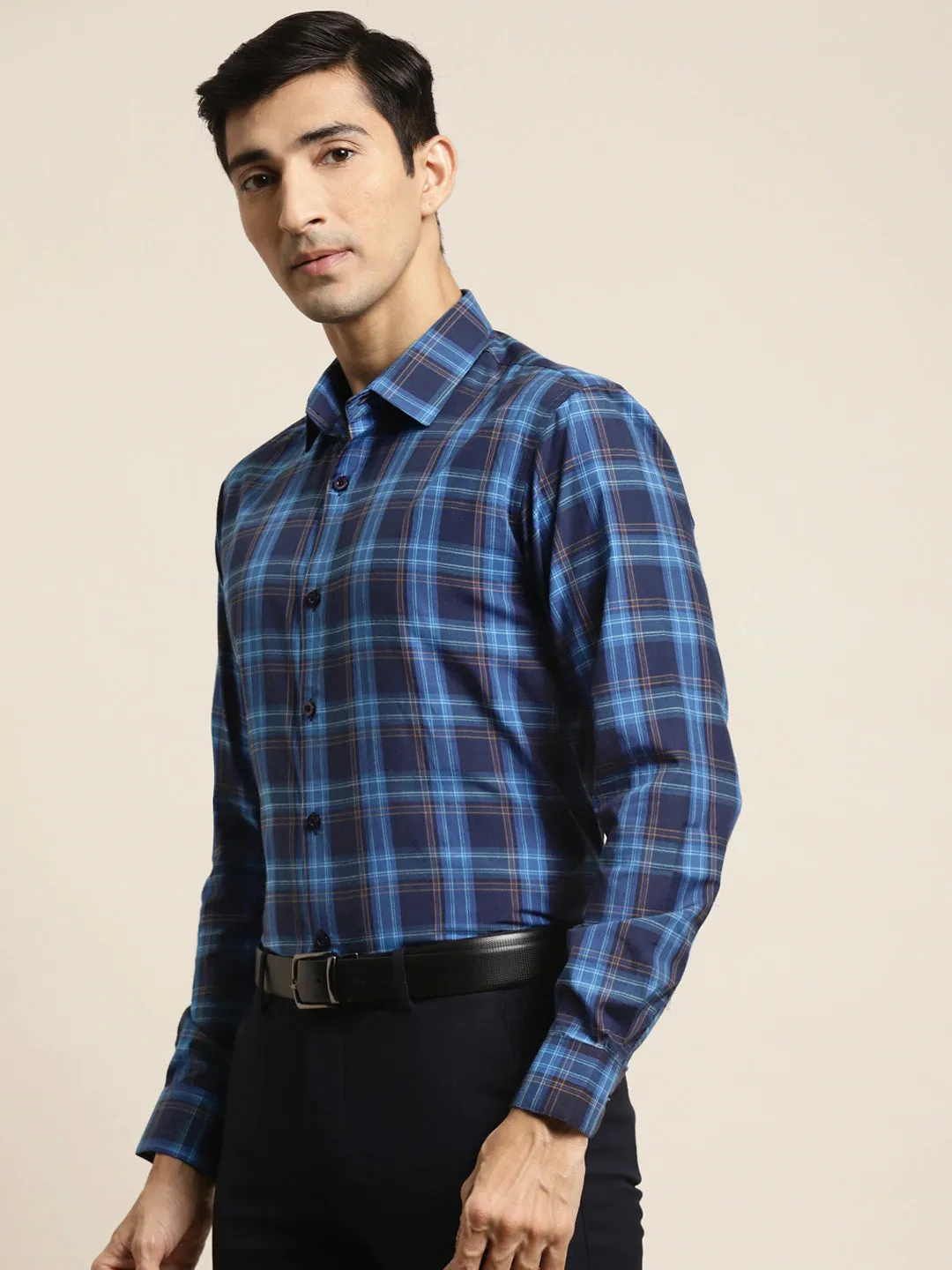 Men's Cotton Navy & Royal Blue Check Formal Shirt - Sojanya