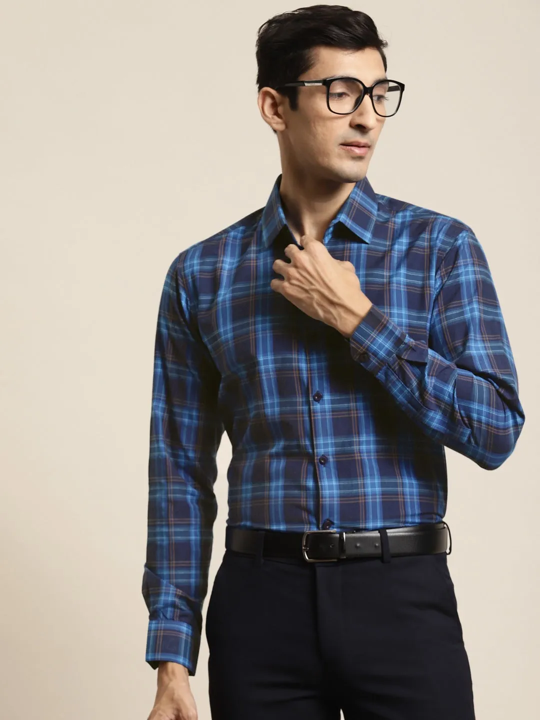 Men's Cotton Navy & Royal Blue Check Formal Shirt - Sojanya