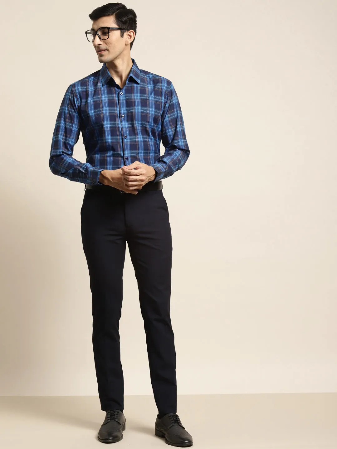 Men's Cotton Navy & Royal Blue Check Formal Shirt - Sojanya