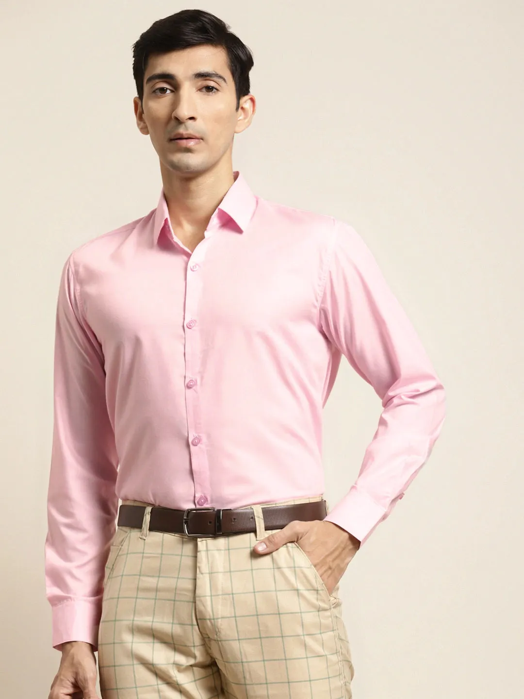 Men's Cotton Pink Plain Formal Shirt - Sojanya