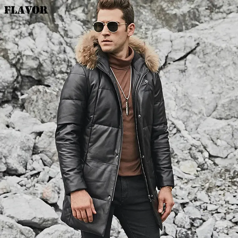 Men's Lambskin Leather Down Coat with Raccoon Fur Hood