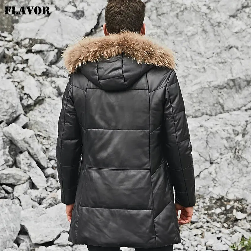 Men's Lambskin Leather Down Coat with Raccoon Fur Hood