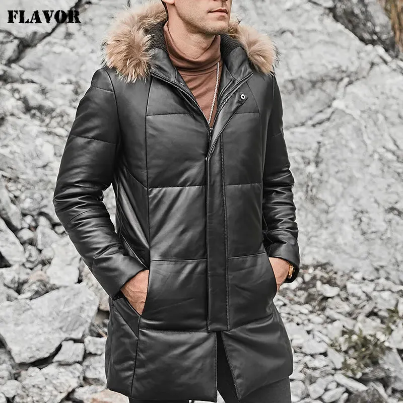 Men's Lambskin Leather Down Coat with Raccoon Fur Hood