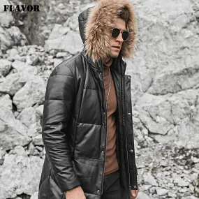 Men's Lambskin Leather Down Coat with Raccoon Fur Hood