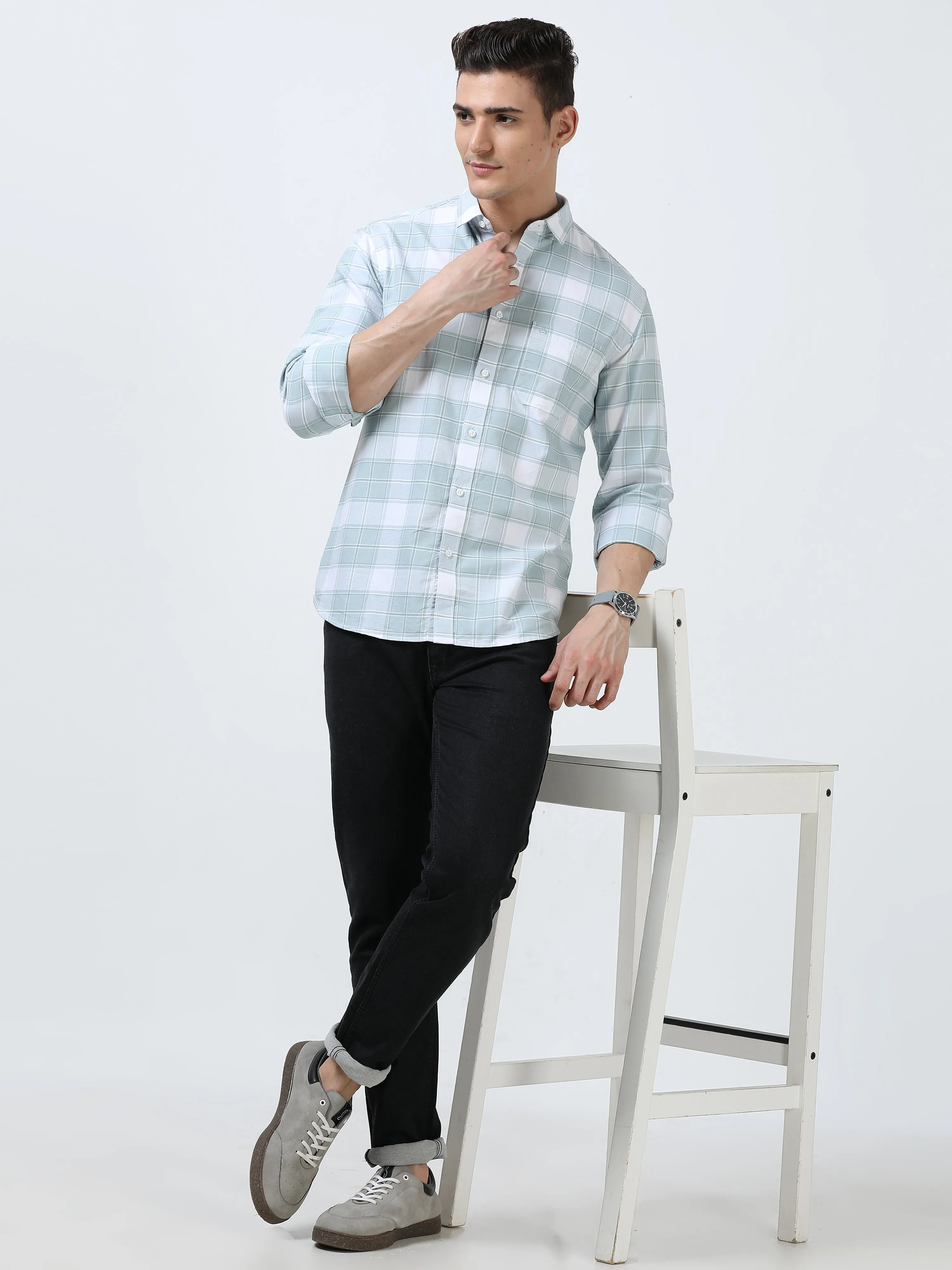 MEN'S LT.GREEN CHECKED  SLIM FIT SHIRT