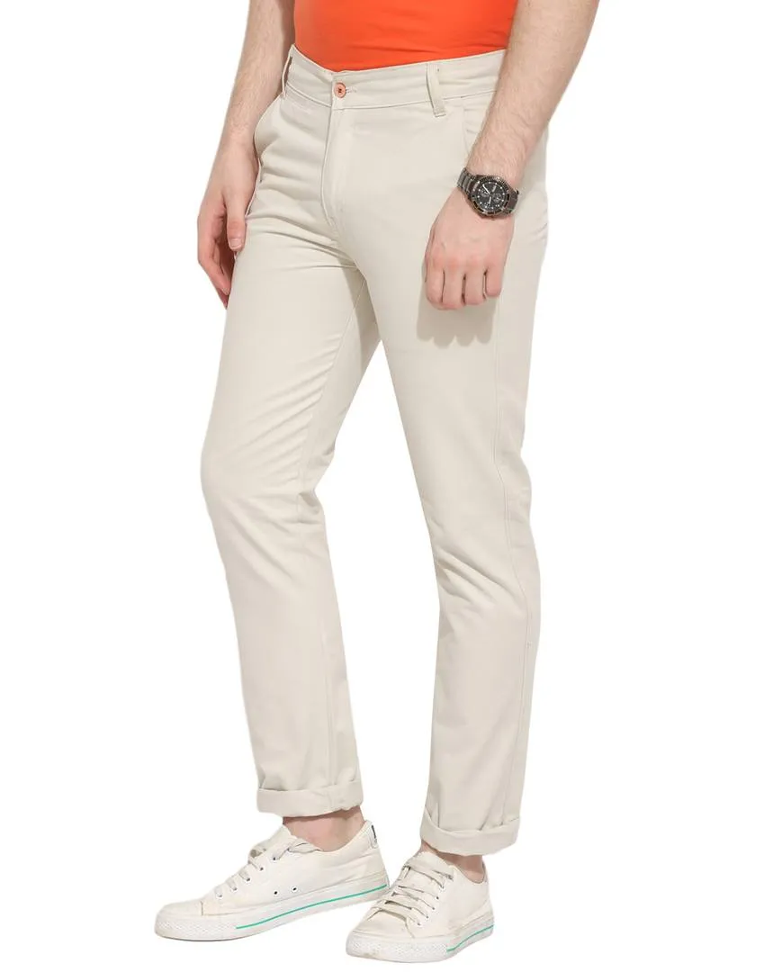 Men's Off White Cotton Solid Mid-Rise Casual Regular Fit Chinos