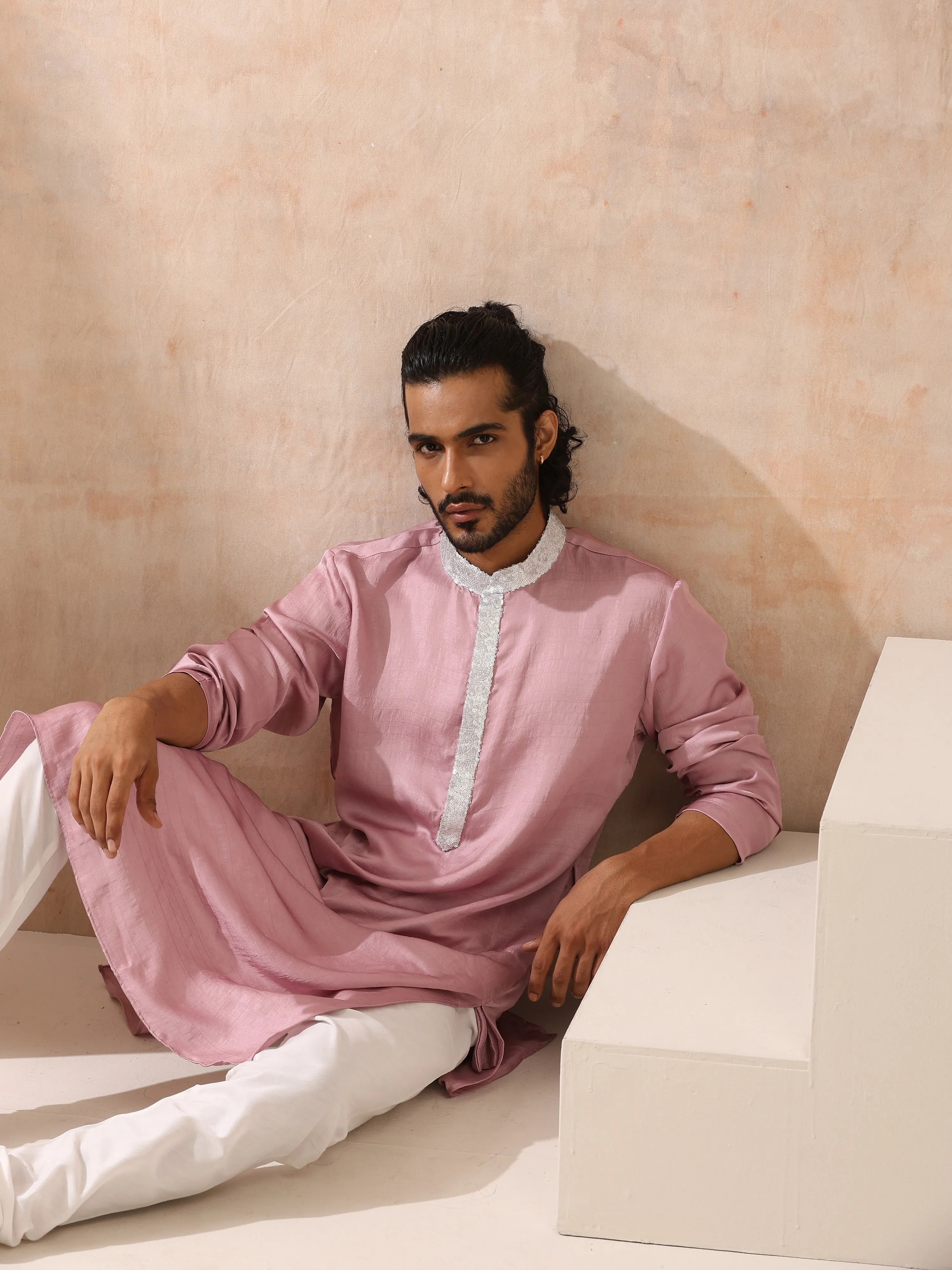 Mens Pink Kurta with Silver Sequin Placket and Collar