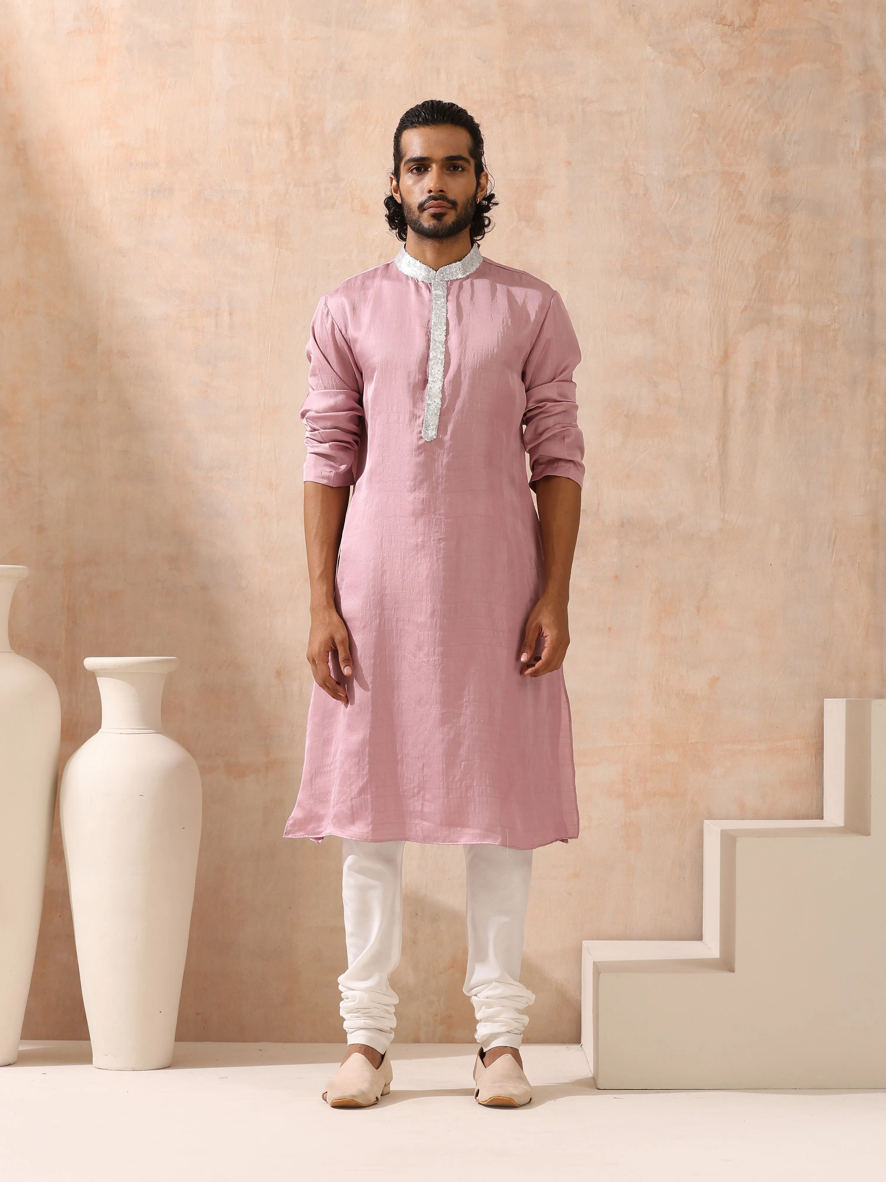 Mens Pink Kurta with Silver Sequin Placket and Collar