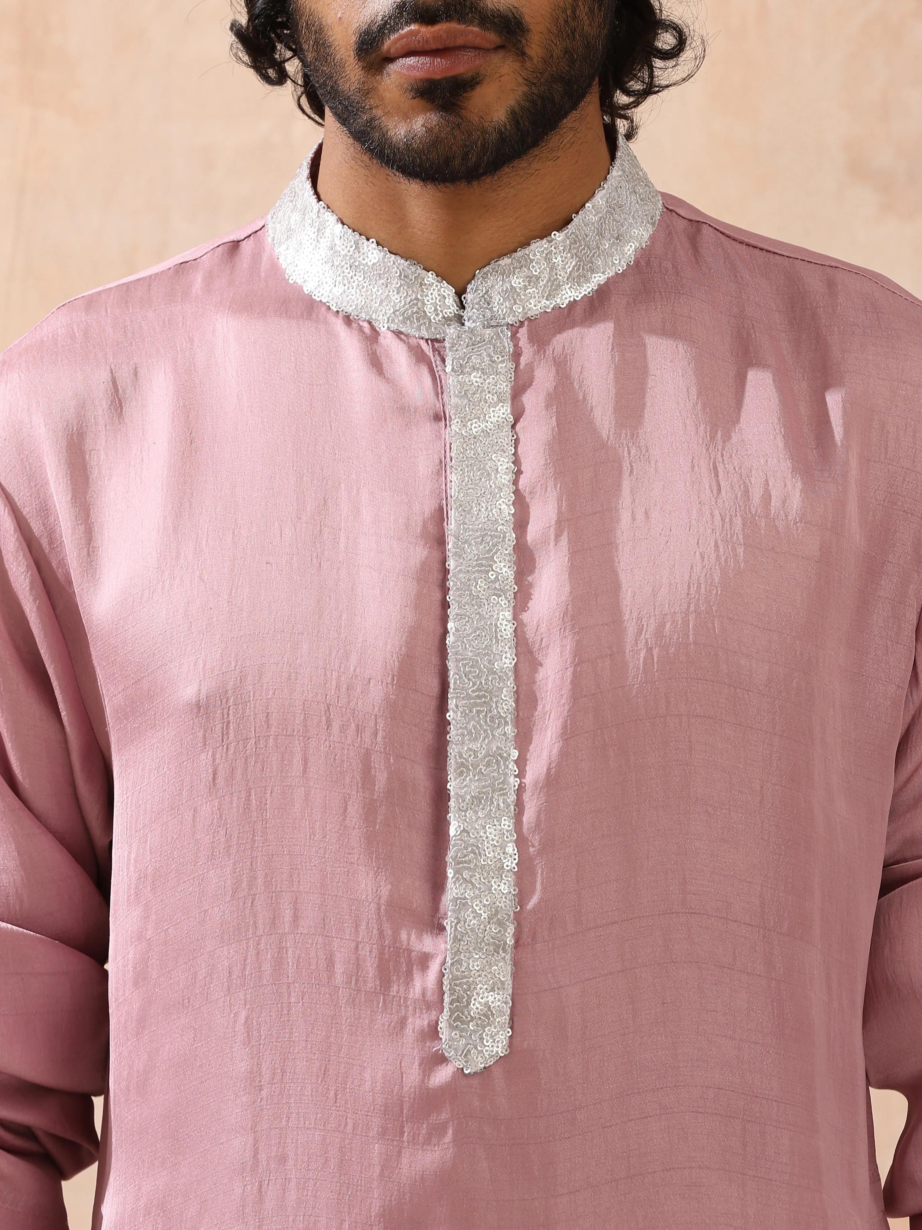 Mens Pink Kurta with Silver Sequin Placket and Collar