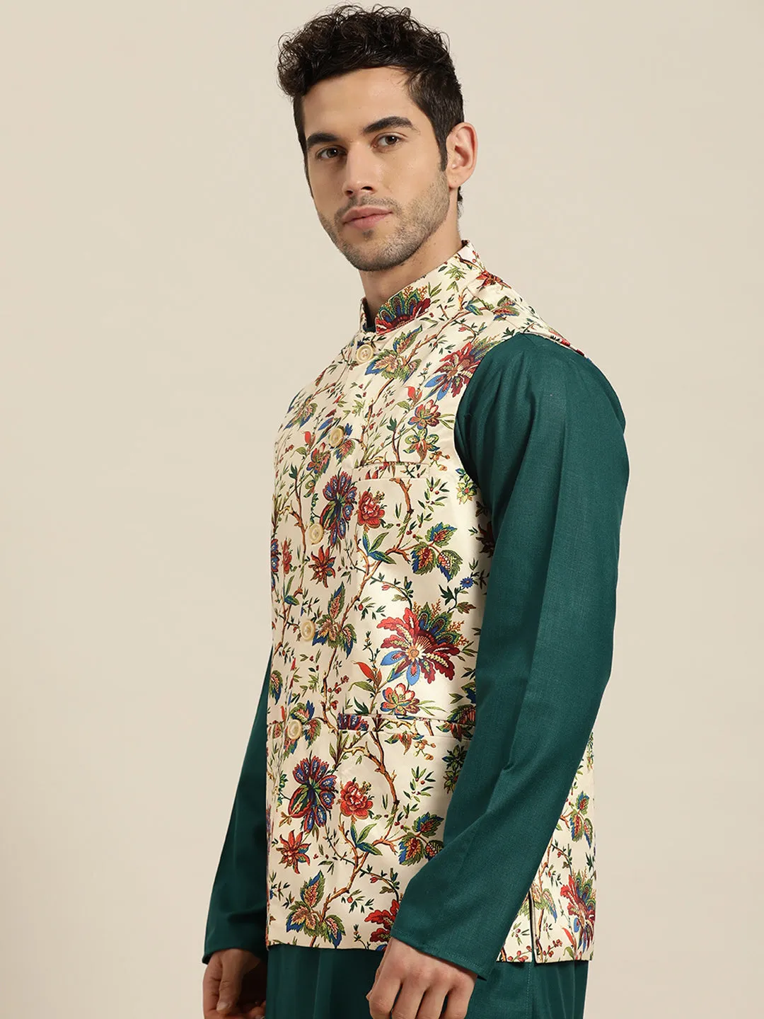 Men's Silk Blend Fawn Printed ONLY Nehru Jacket - Sojanya