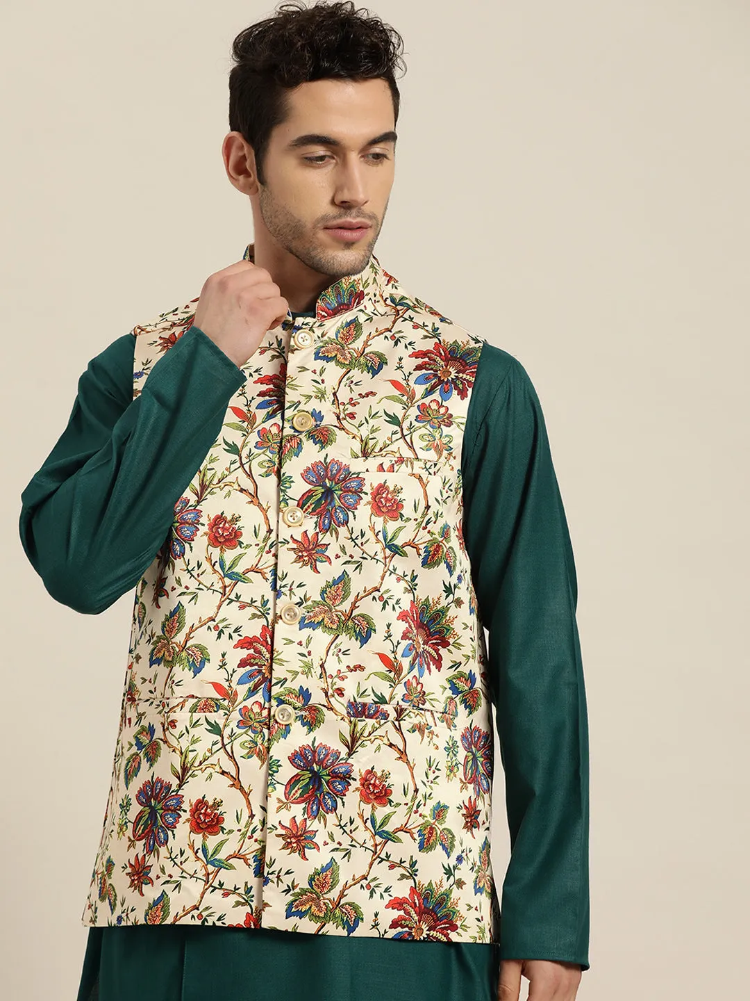 Men's Silk Blend Fawn Printed ONLY Nehru Jacket - Sojanya