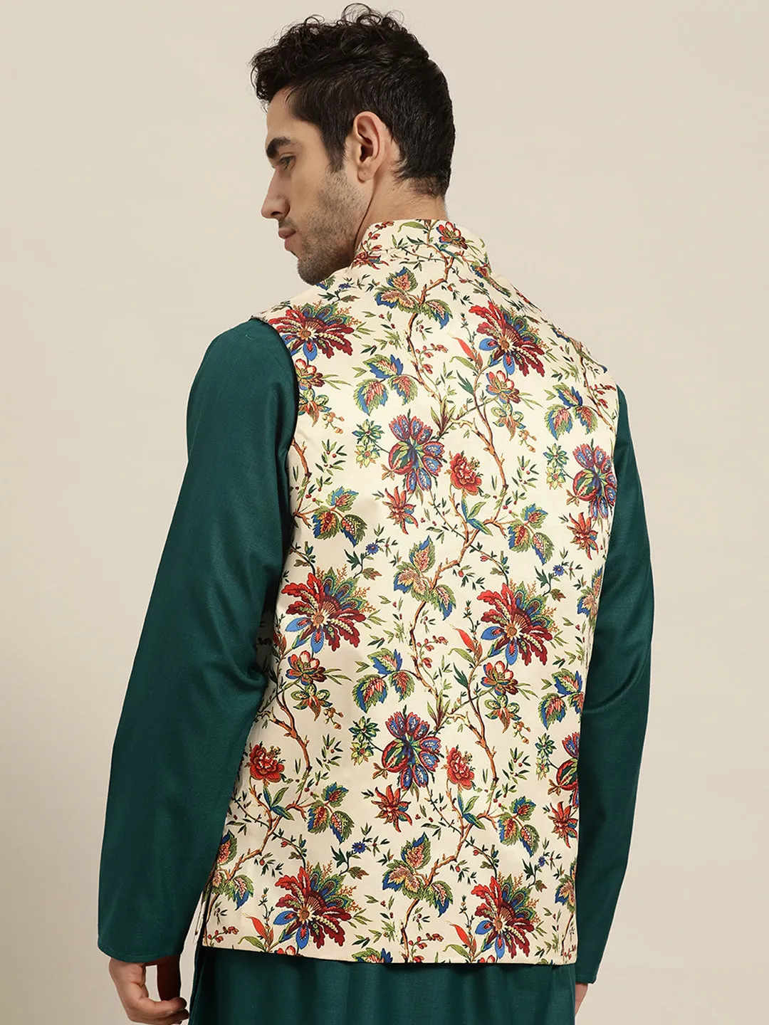 Men's Silk Blend Fawn Printed ONLY Nehru Jacket - Sojanya