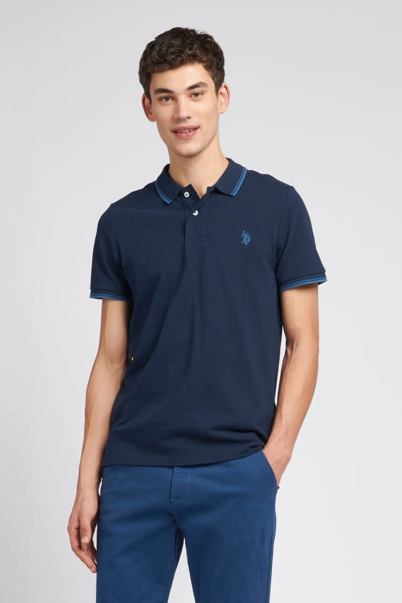 Mens Twin Tipped Pique Polo Shirt in Navy Blue