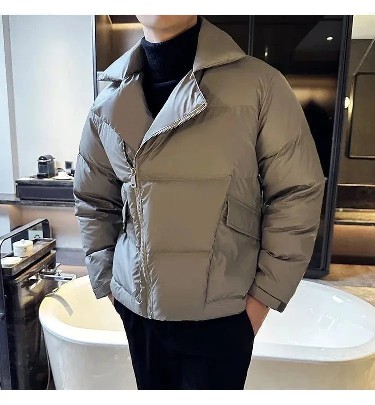 Men's Winter White Duck Down Jacket – High-Quality Short Loose Fit Coat with Large Lapel for Warmth & Streetwear Style