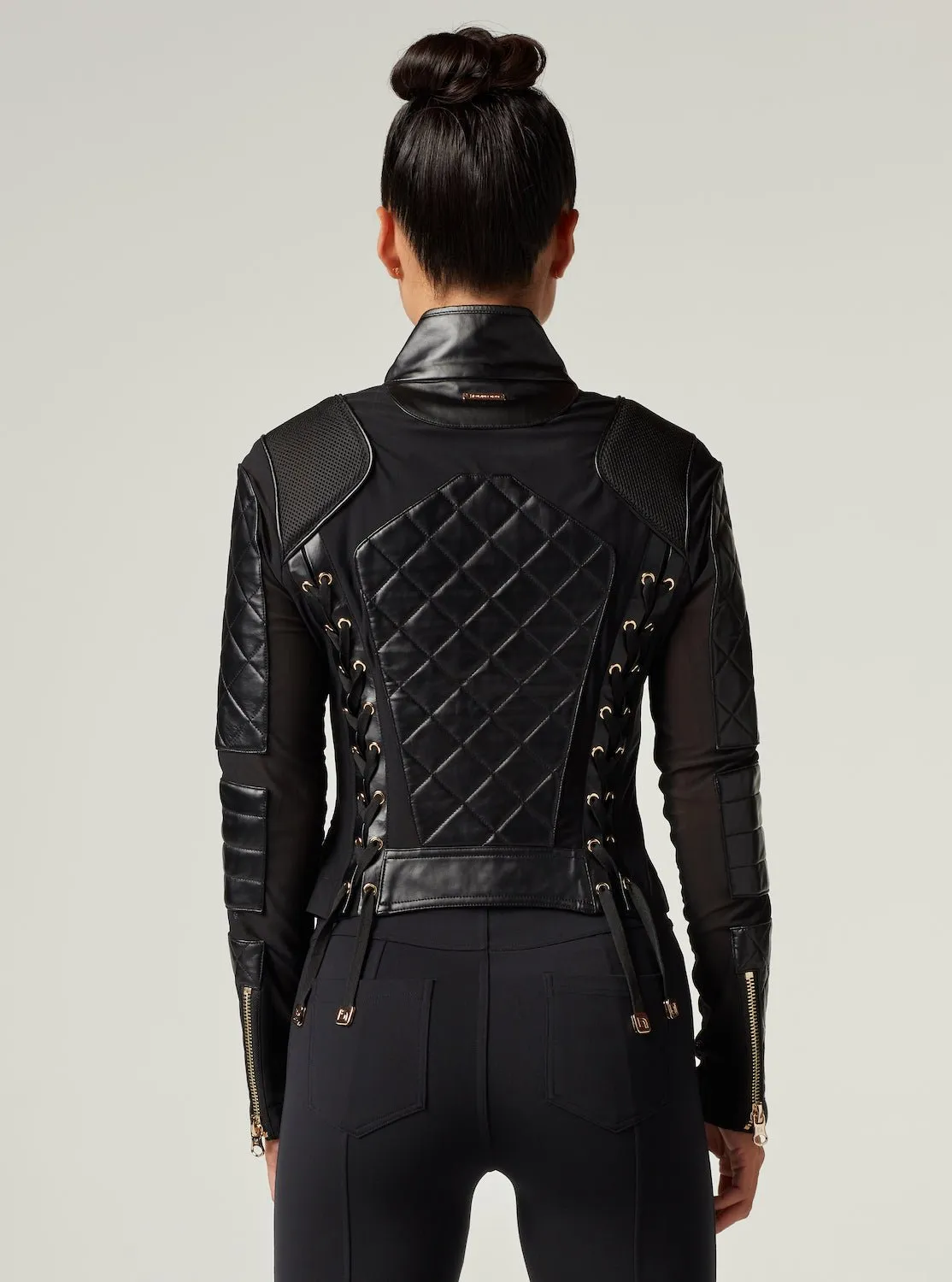 Mesh Moto Jacket with Black Leather & Gold Trims - Gold Collection