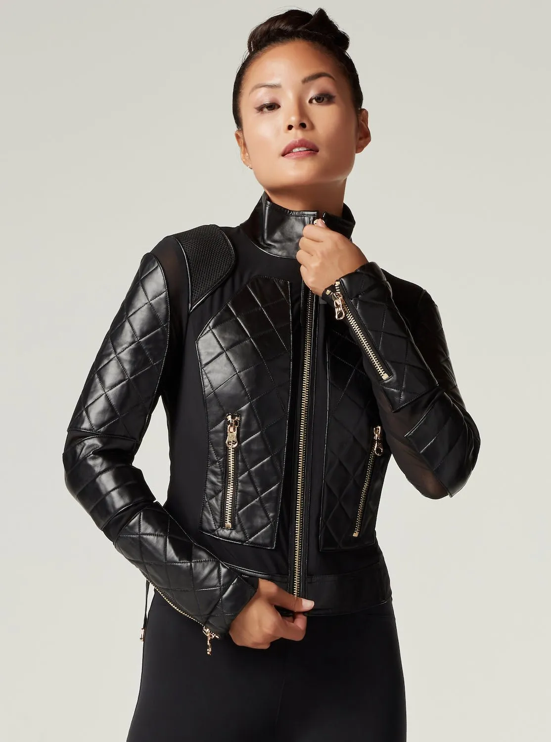 Mesh Moto Jacket with Black Leather & Gold Trims - Gold Collection