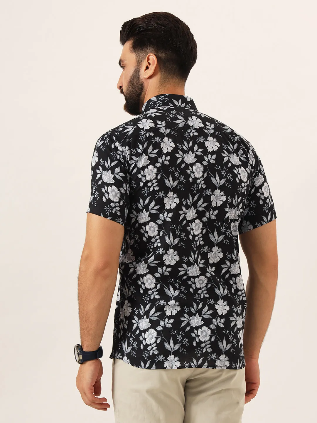 MILLENNIAL MEN Black Floral Print Pure Cotton Regular Fit Casual Shirt