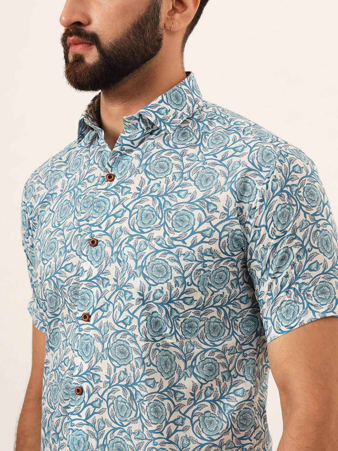 MILLENNIAL MEN Sky Blue Floral Print Pure Cotton Regular Fit Casual Shirt