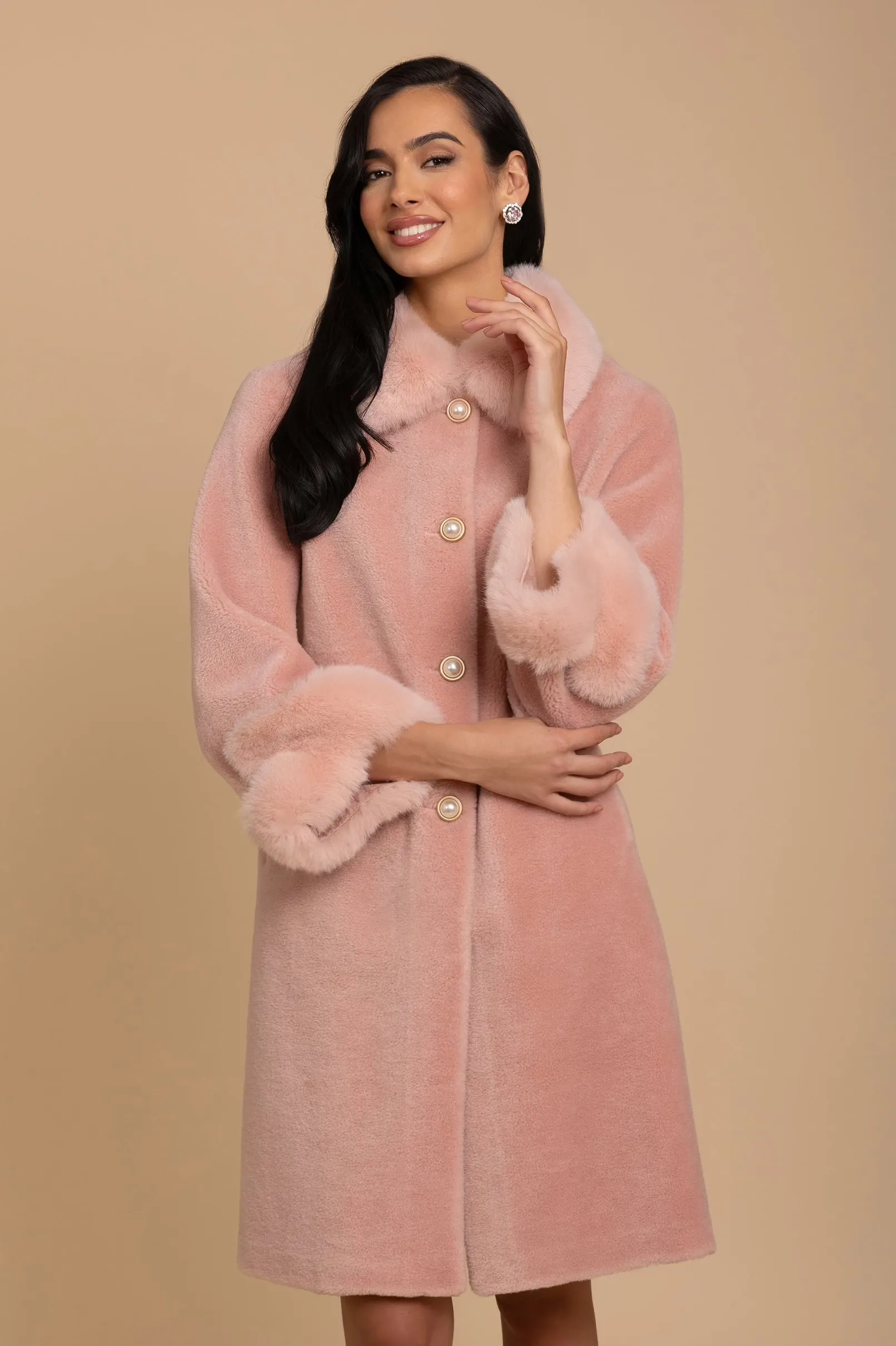 'Monroe' Wool and Faux Fur Teddy Coat in Rosa