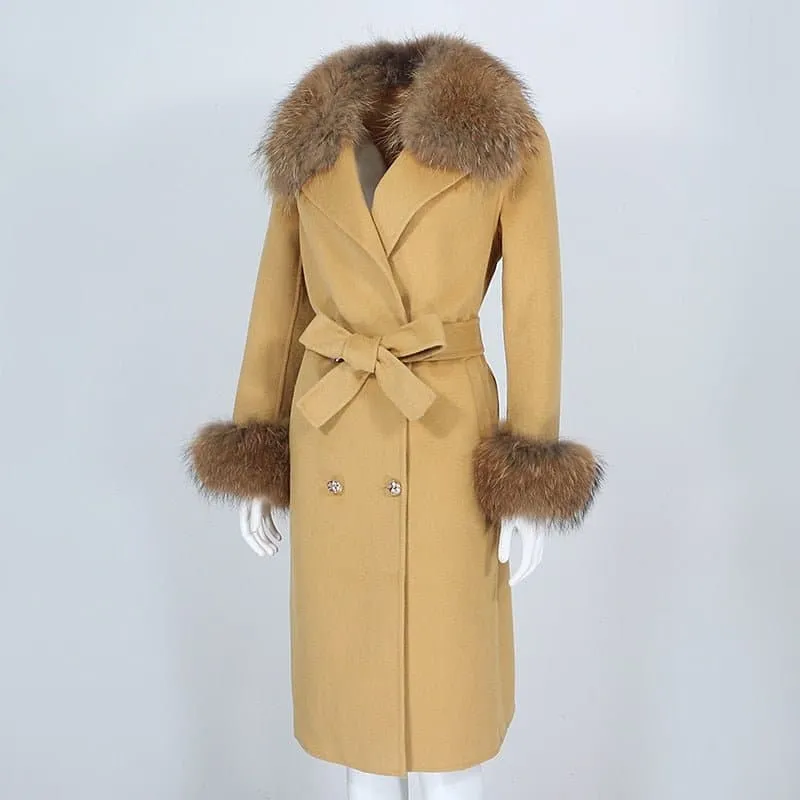 Natural Fox Fur Cashmere Wool Blends Coat