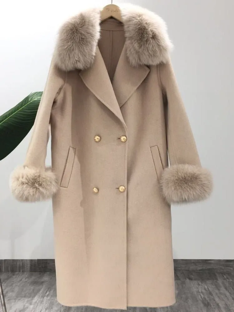 Natural Fox Fur Cashmere Wool Blends Coat