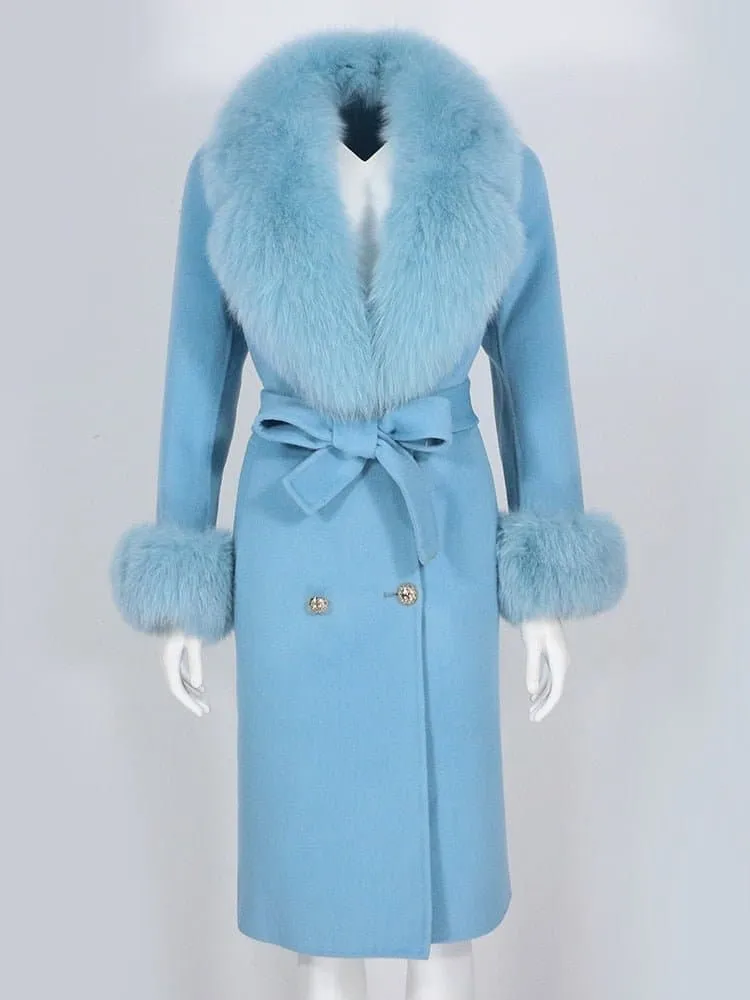 Natural Fox Fur Cashmere Wool Blends Coat