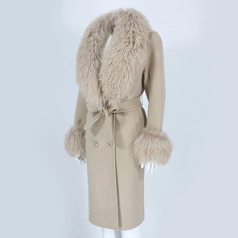 Natural Fox Fur Cashmere Wool Blends Coat