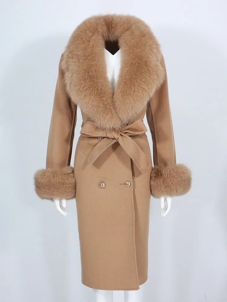 Natural Fox Fur Cashmere Wool Blends Coat