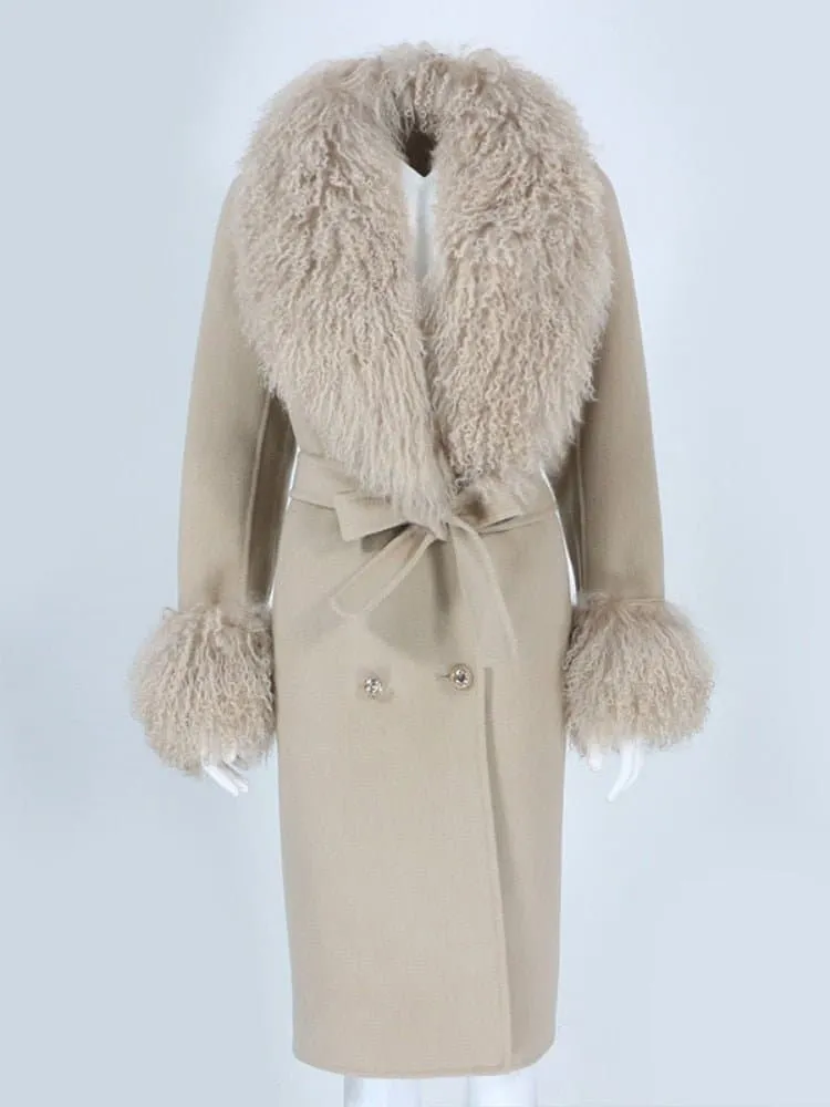 Natural Fox Fur Cashmere Wool Blends Coat