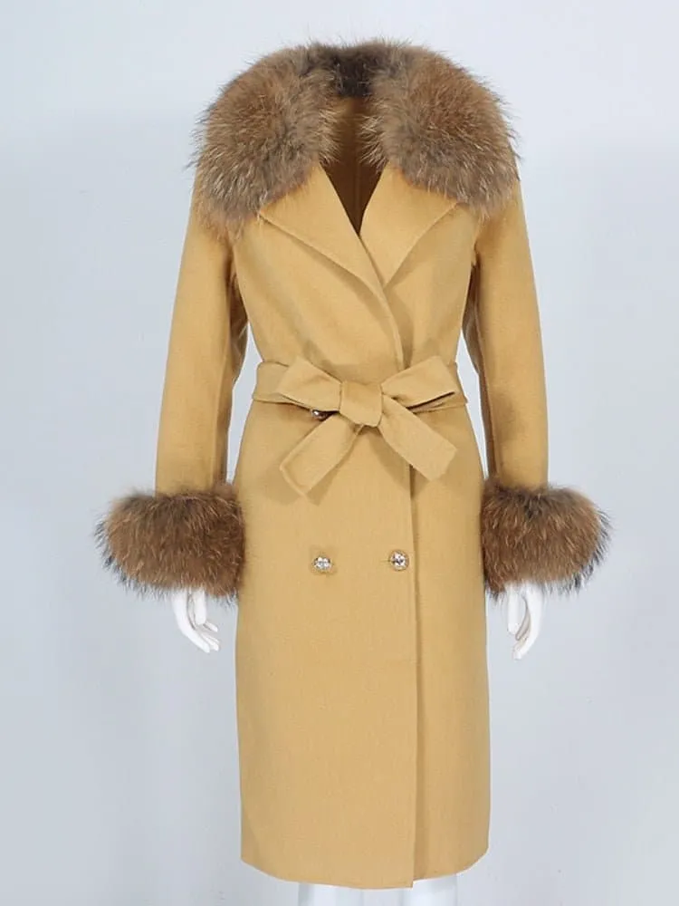 Natural Fox Fur Cashmere Wool Blends Coat