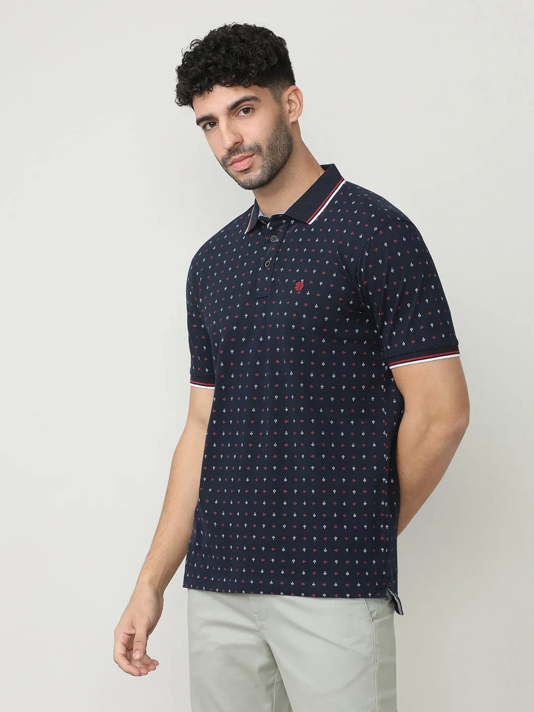 Navy Blue Pique Lycra Printed Polo T-shirt With Tipping Collar