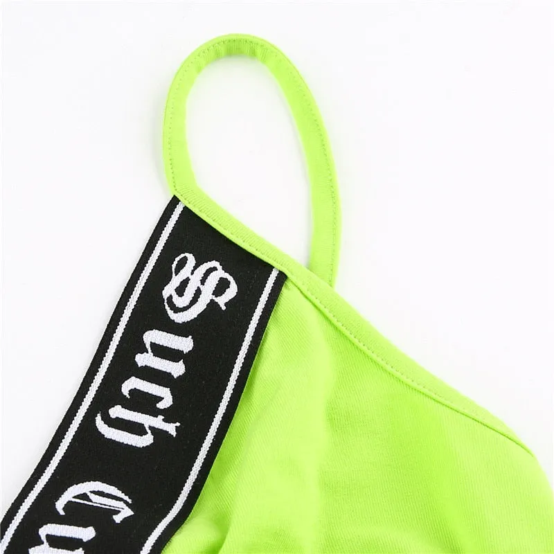 Neon Color Crop Top V Neck Patchwork Letter Ribbon Sexy Tank Top