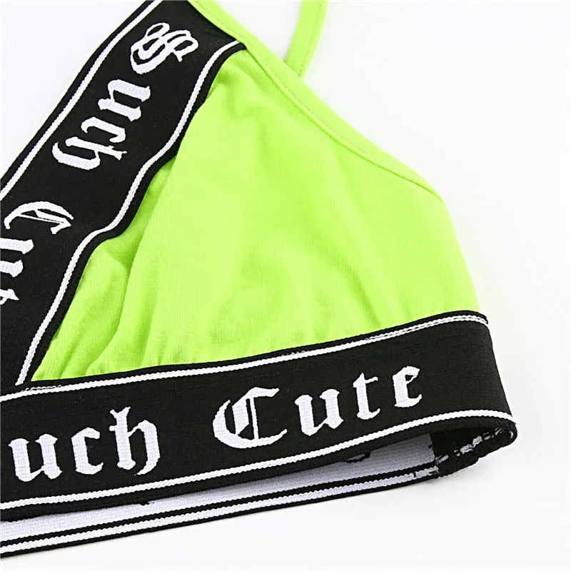 Neon Color Crop Top V Neck Patchwork Letter Ribbon Sexy Tank Top