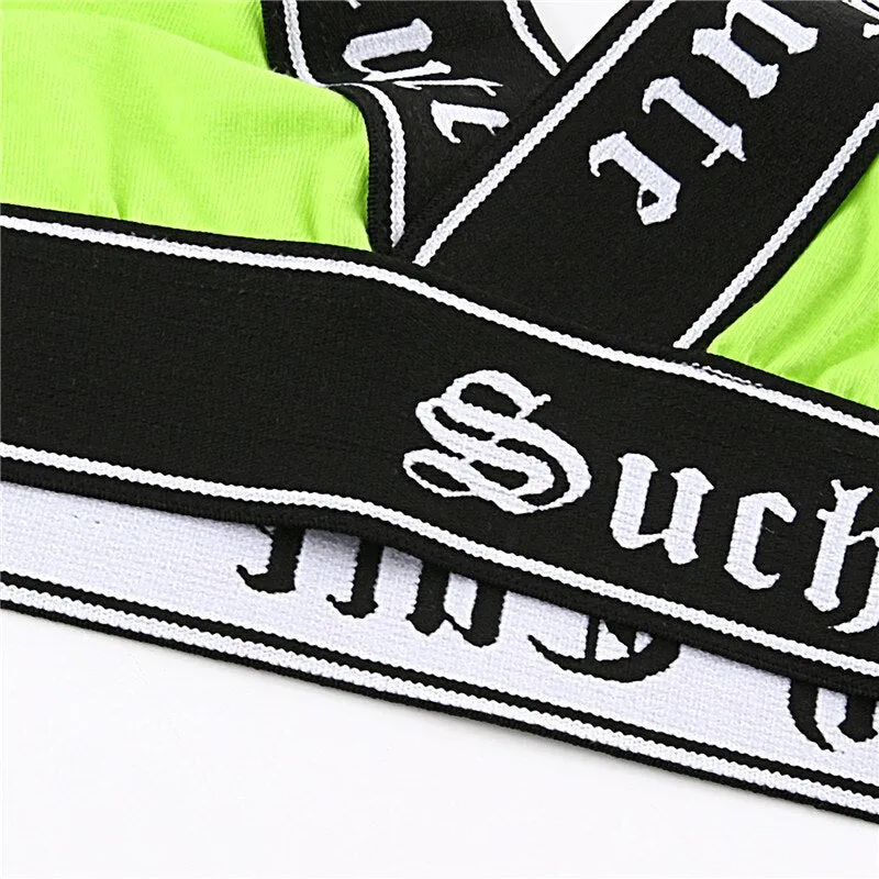 Neon Color Crop Top V Neck Patchwork Letter Ribbon Sexy Tank Top