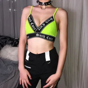 Neon Color Crop Top V Neck Patchwork Letter Ribbon Sexy Tank Top