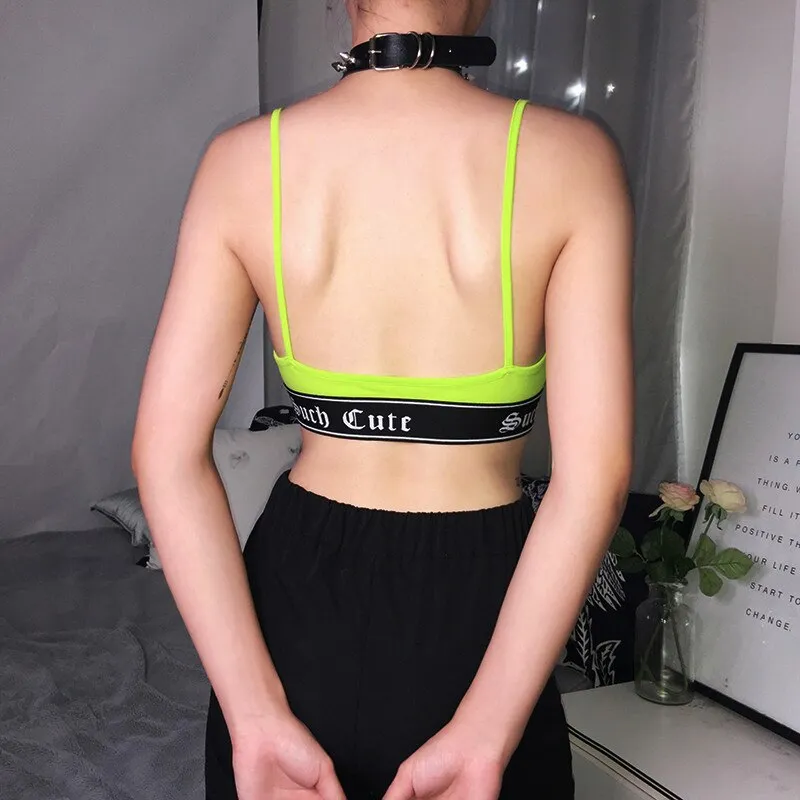 Neon Color Crop Top V Neck Patchwork Letter Ribbon Sexy Tank Top