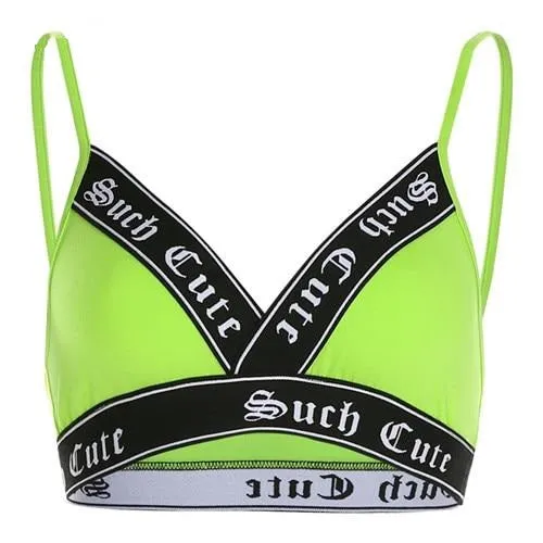 Neon Color Crop Top V Neck Patchwork Letter Ribbon Sexy Tank Top