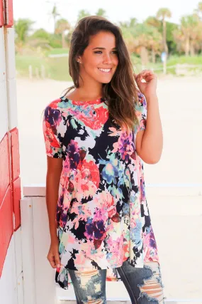 Neon Floral Top with Criss Cross Back