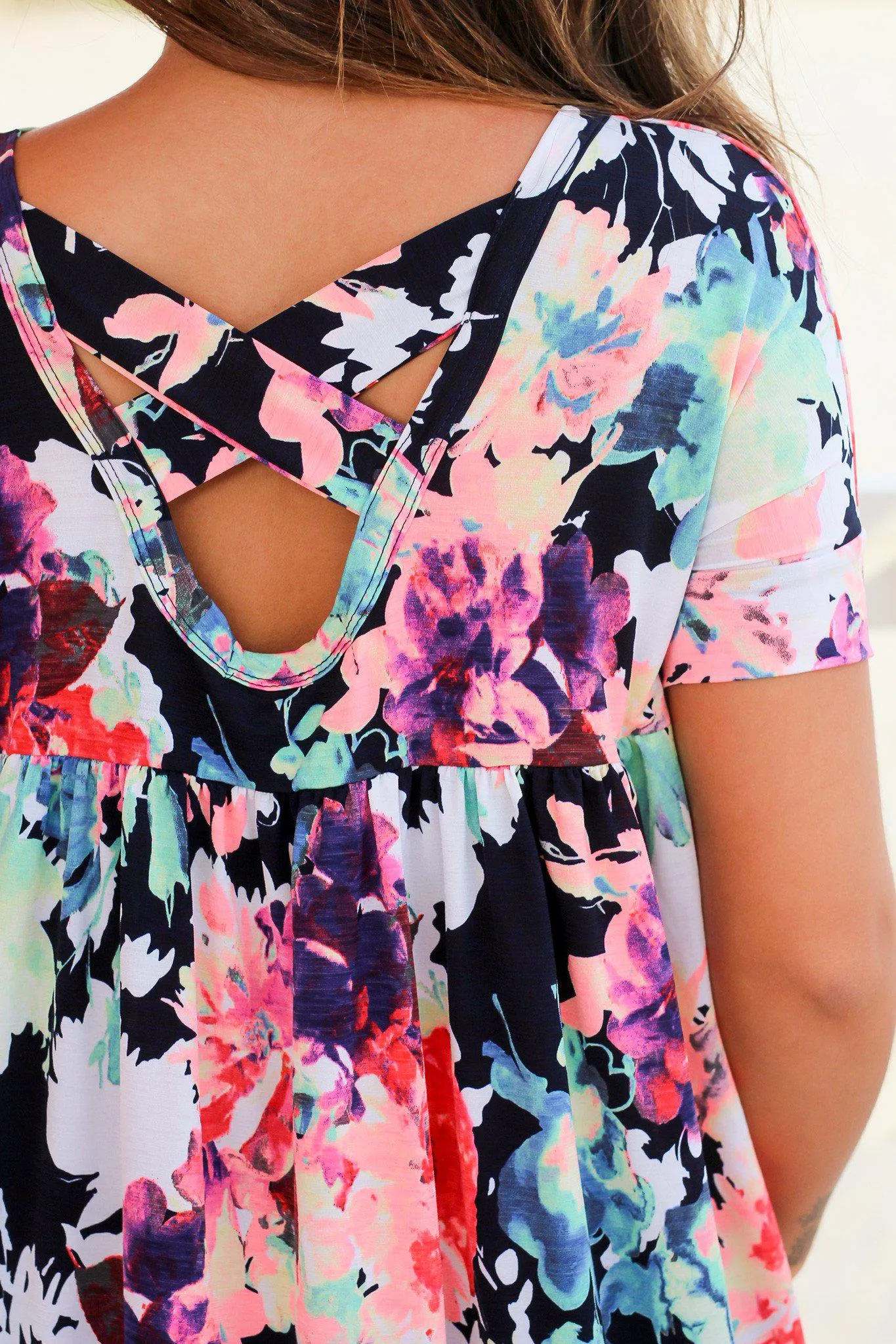 Neon Floral Top with Criss Cross Back