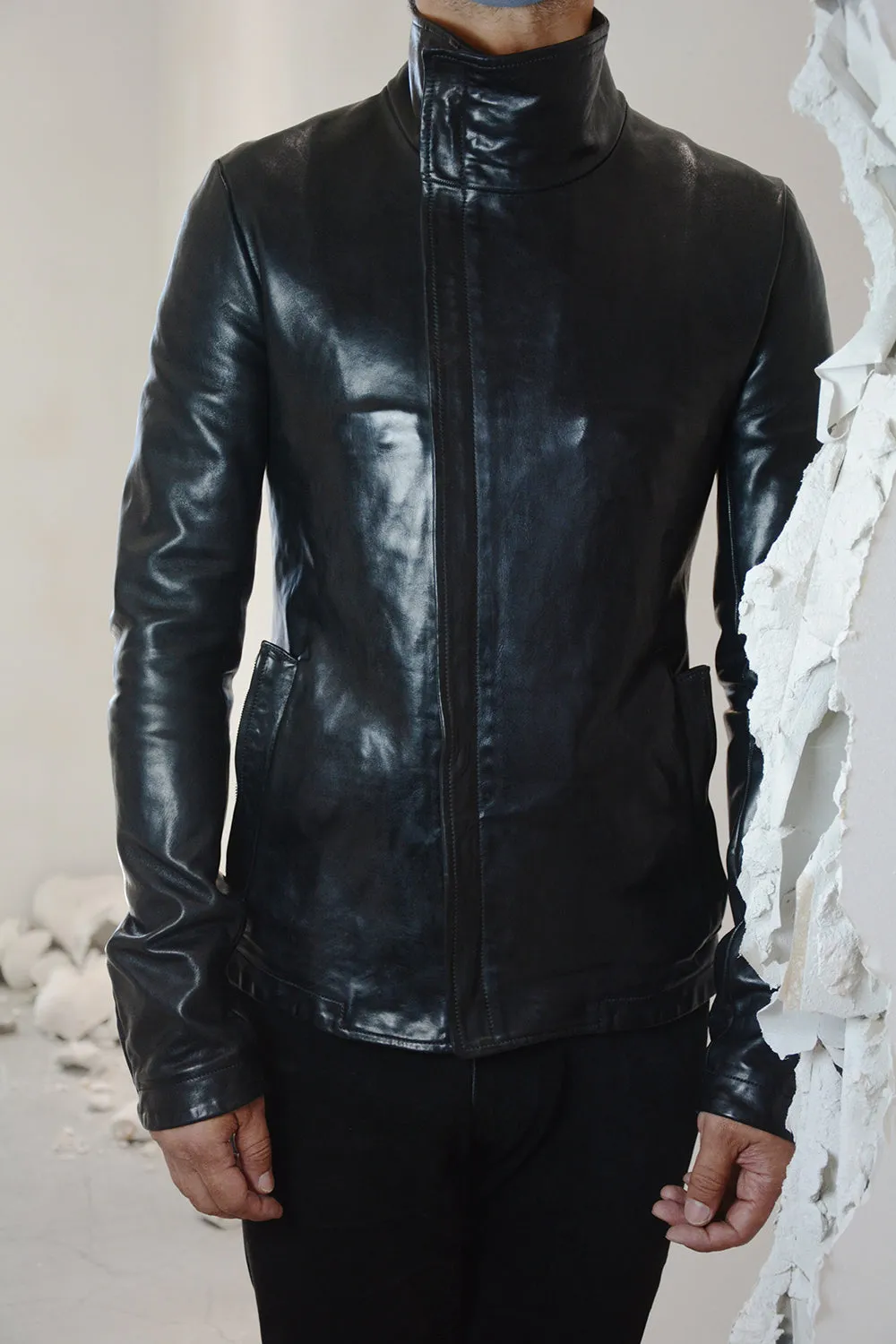 OBJECT DYED LINED HIGH NECK LEATHER JACKET