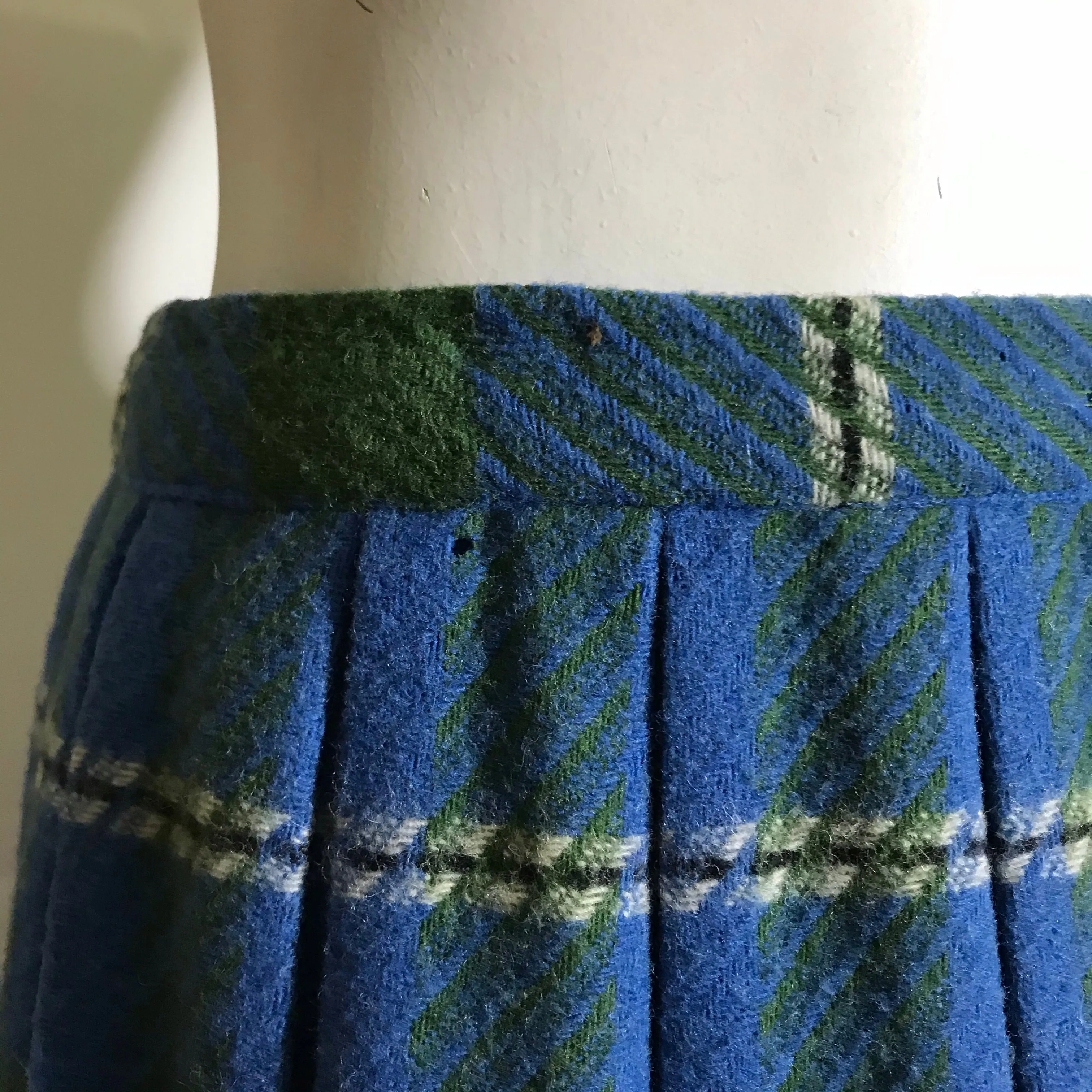 Olive Green and Blue Pleated Wool Skirt circa 1940s