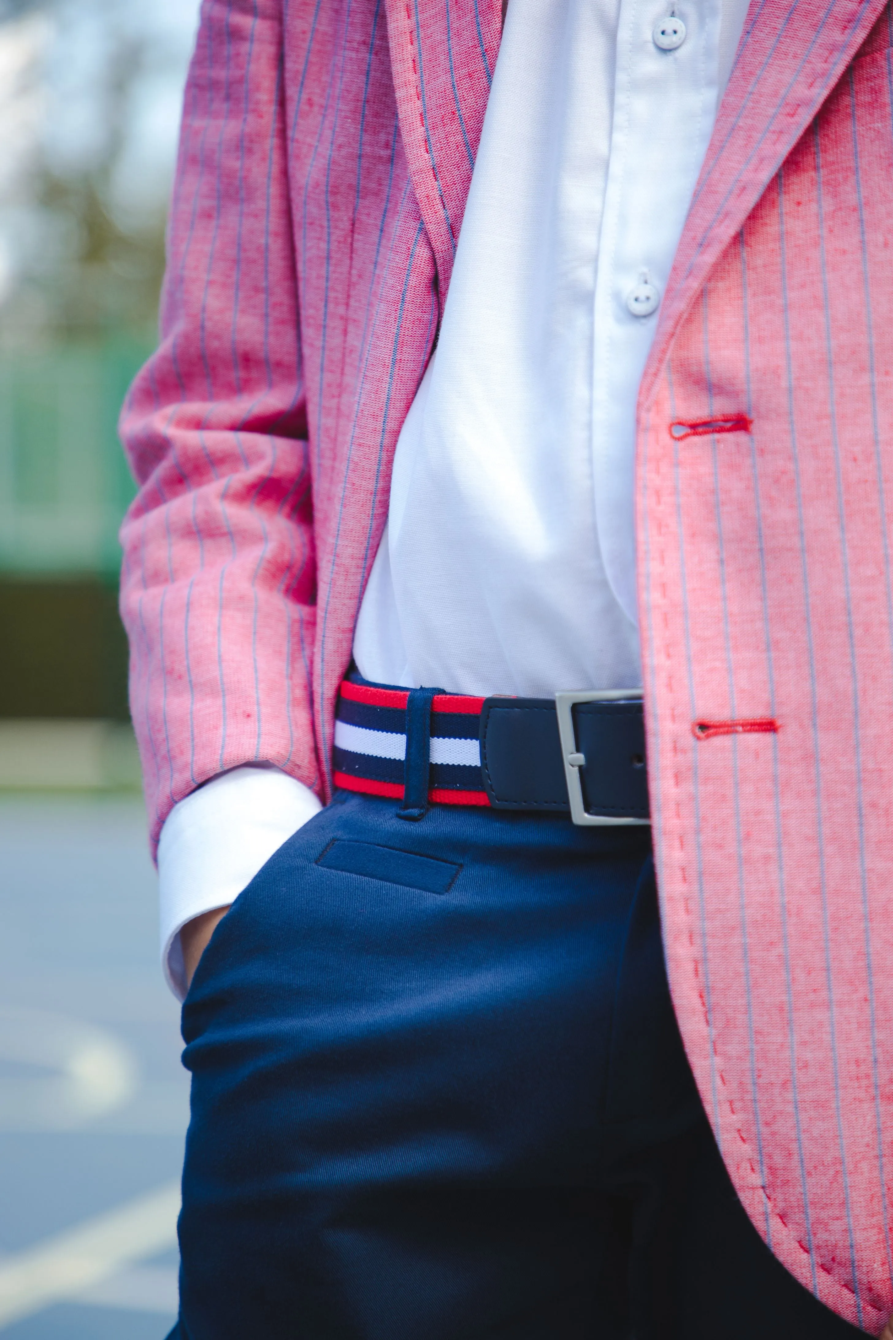 One Varones Boys Red Linen Pin Striped Blazer