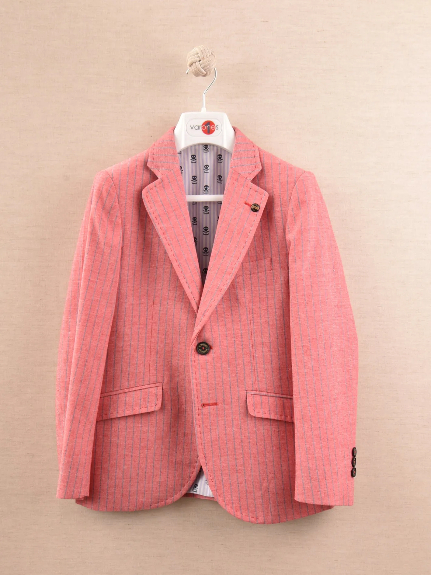 One Varones Boys Red Linen Pin Striped Blazer