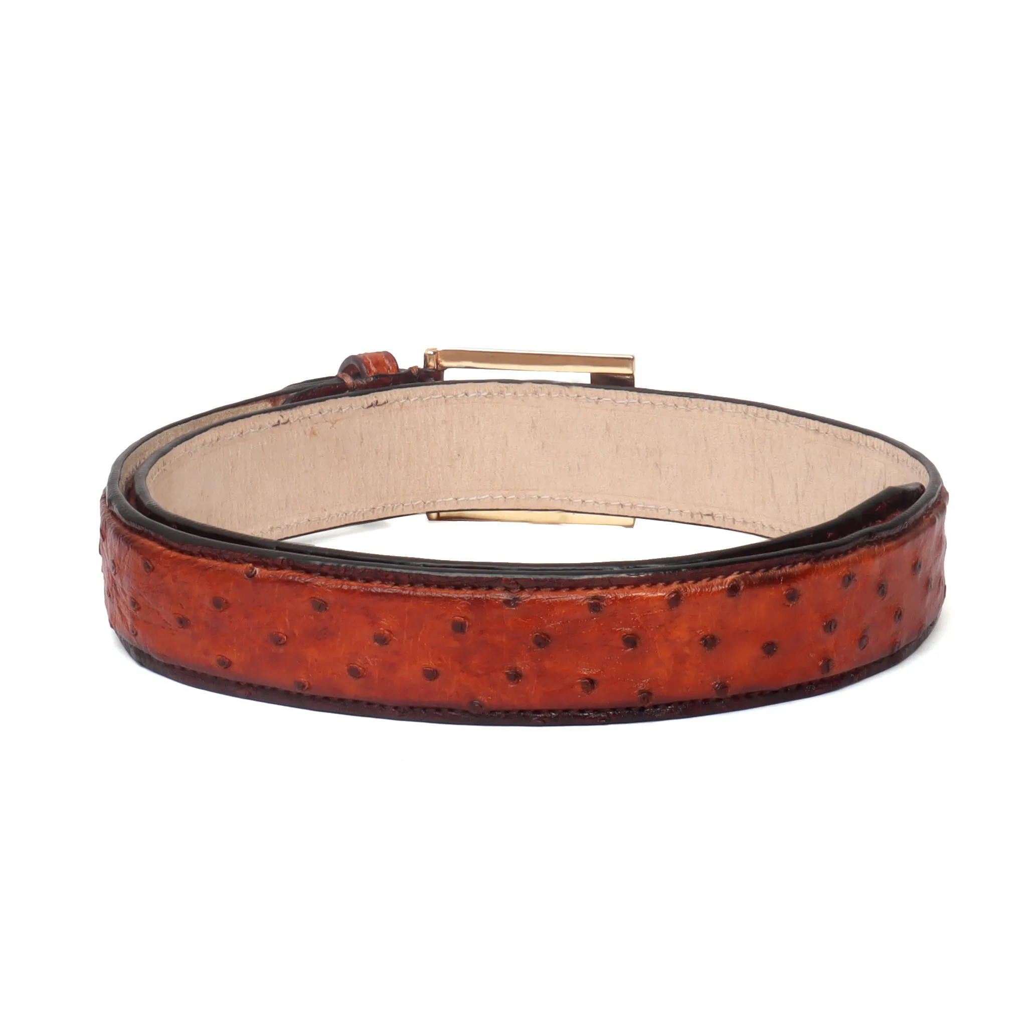 Orange Authentic Ostrich Leather Belt with Golden Square Buckle