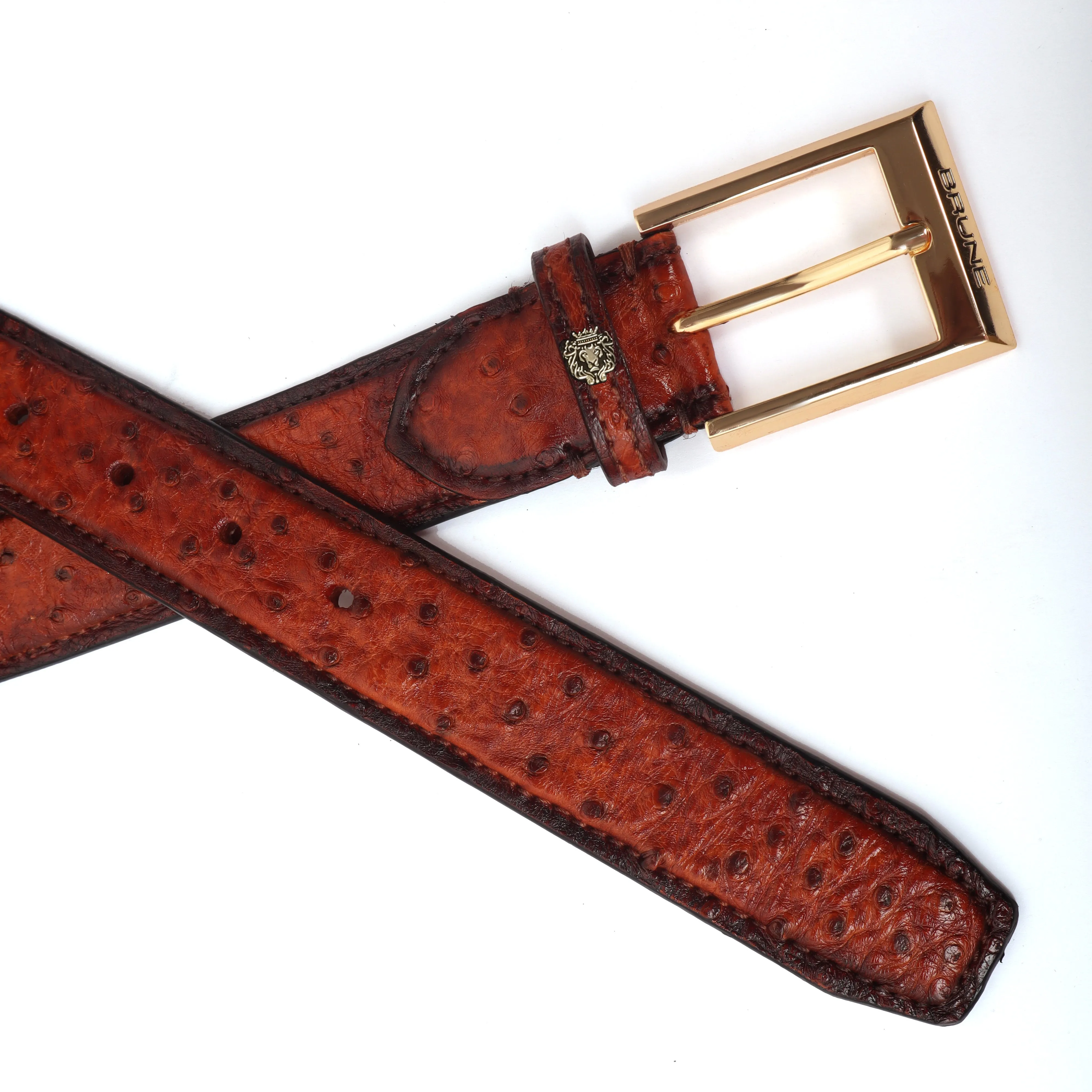 Orange Authentic Ostrich Leather Belt with Golden Square Buckle