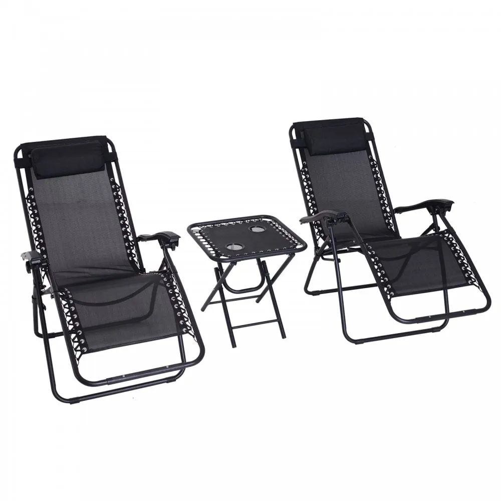 Outsunny-2 Piece Foldable Reclining Loungers With Side Table - Black