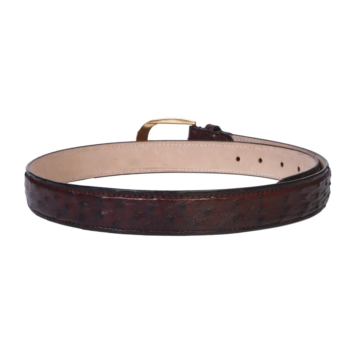 Oval Shape Buckle Belt Dark Brown Ostrich Leather